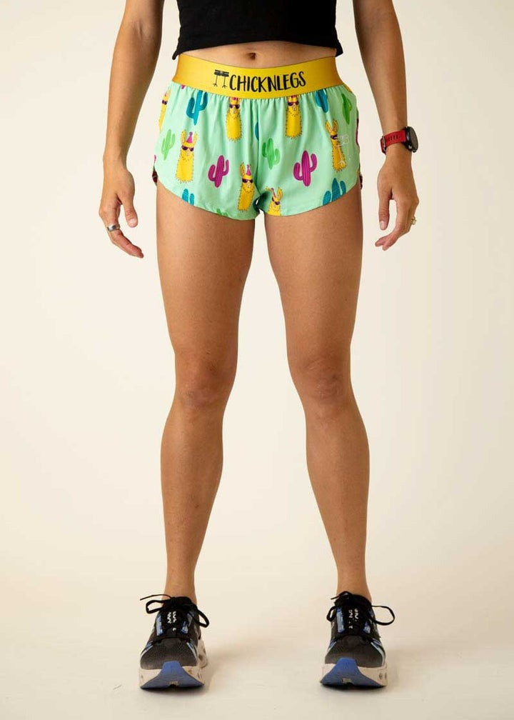 ChicknLegs Women's Green Llamas 1.5" Split Running Shorts