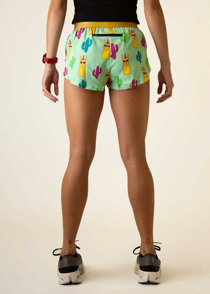ChicknLegs Women's Green Llamas 1.5" Split Running Shorts 4 ChicknLegs Women's Green Llamas 1.5" Split Running Shorts