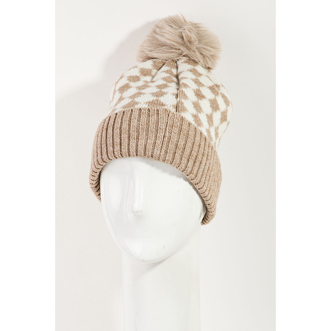 Checkered Pattern Pom Beanie