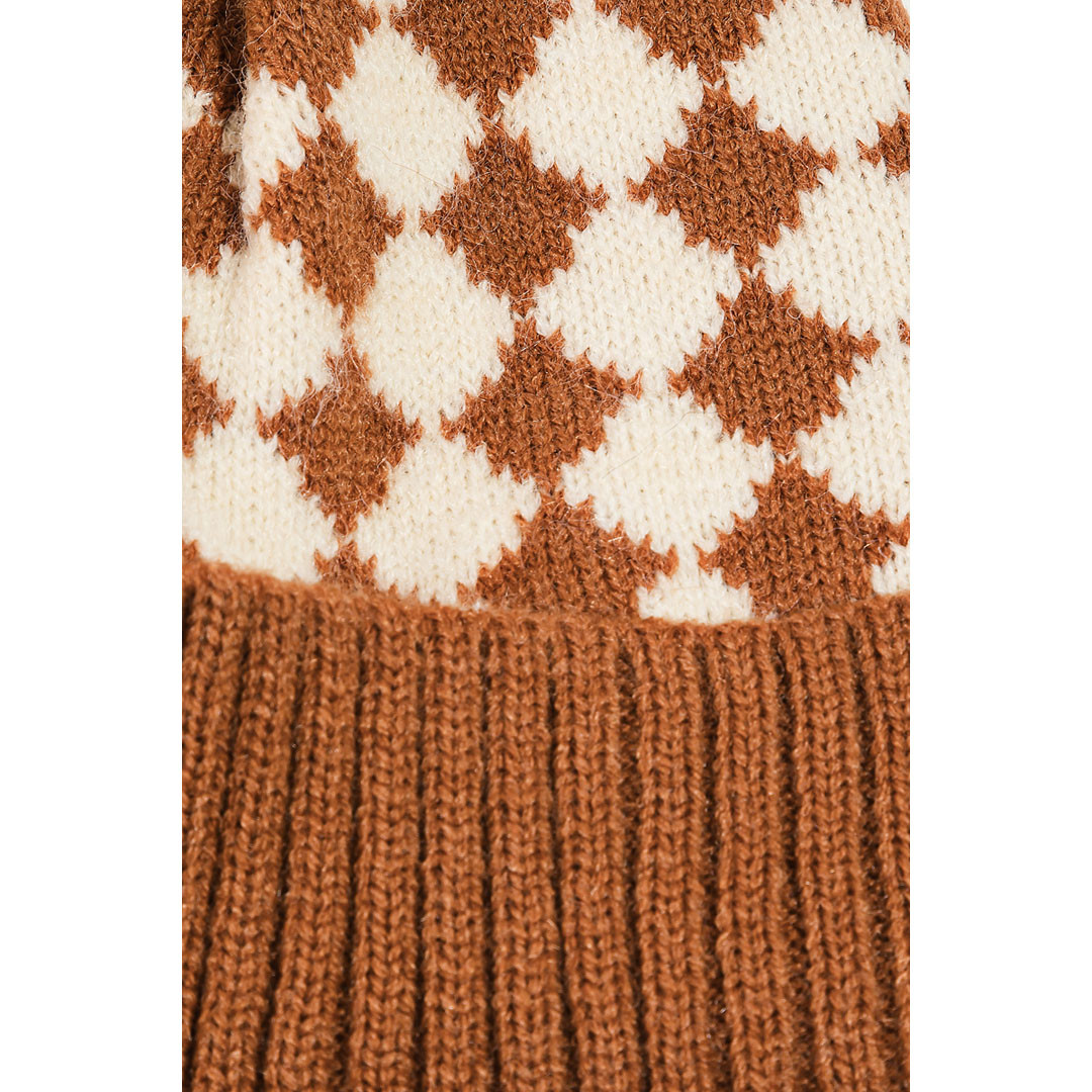 Checkered Pattern Pom Beanie