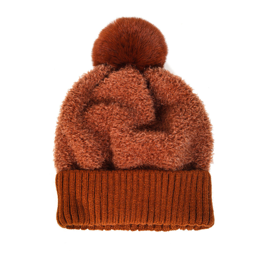 Faux Teddy Knit Pom Beanie