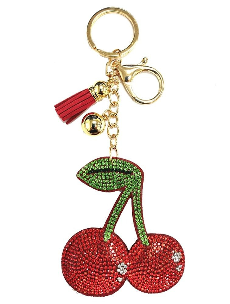 Cherry Tassel Rhinestone Keychains